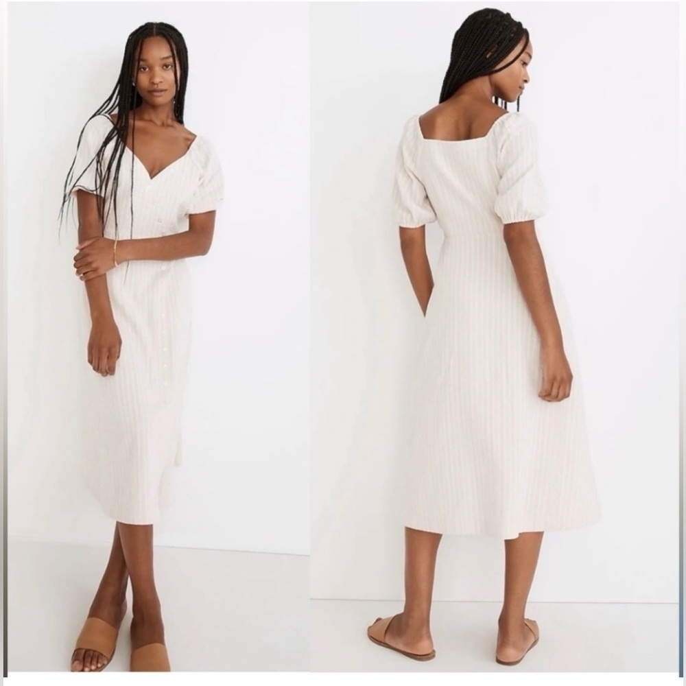 Madewell Womens Cream Midi Dress Puff-Sleeves Button-Wrap Size 10